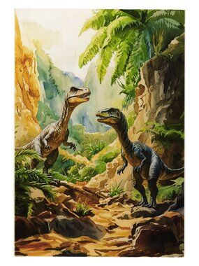 Velociraptors Dinosaur Jungle Scene Vintage Art Postcard Sided Blank Back Gift